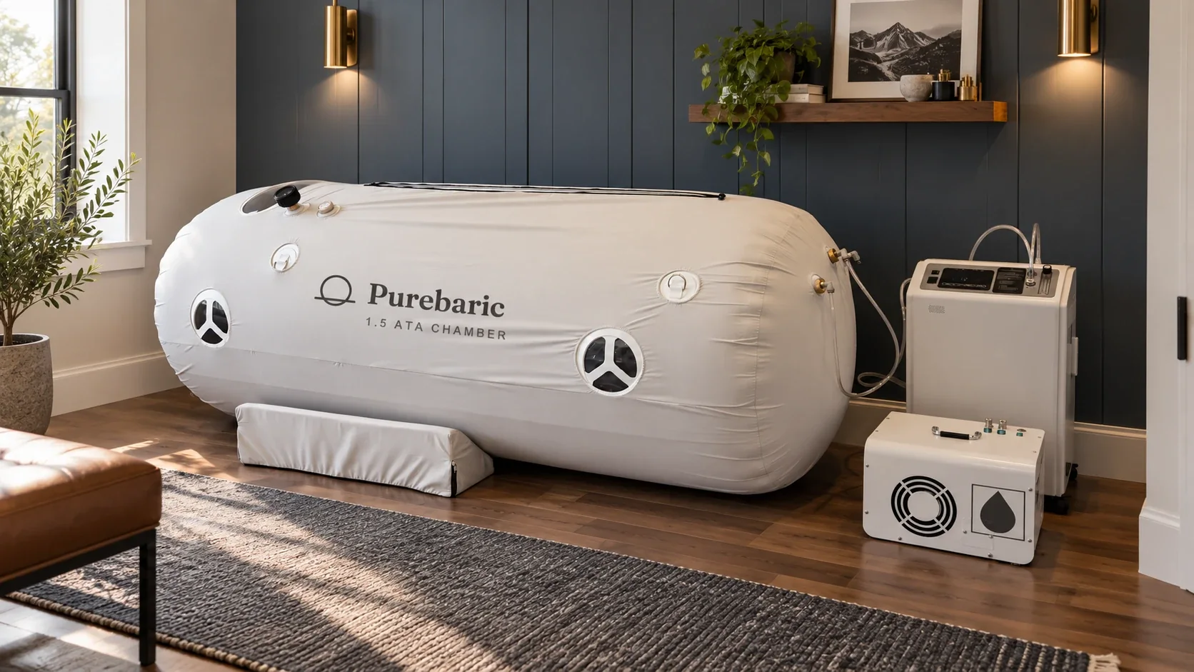 Purebaric hyperbaric chamber in a den with a navy accent wall