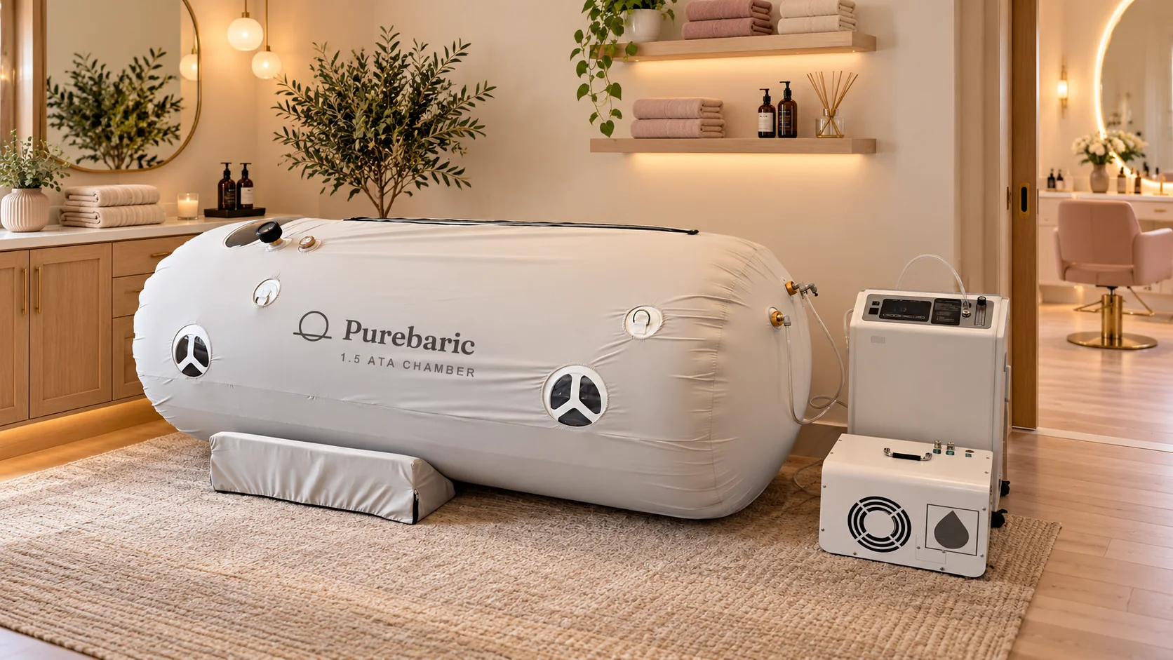 A Purebaric 1.5 ATA hyperbaric chamber in a salon treatment room