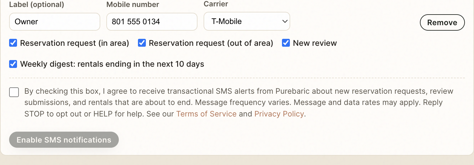 Close-up of the mobile-number field, the notification-category checkboxes, the unchecked SMS-consent checkbox with its complete disclosure text and Terms of Service / Privacy Policy links, and the disabled Enable SMS notifications button.