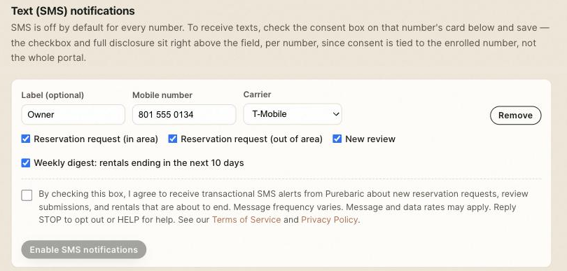 Admin Notifications page showing a phone number card with the mobile-number field, the four notification categories, the SMS-consent checkbox unchecked by default with its full disclosure text and Terms of Service / Privacy Policy links, and a greyed-out, disabled Enable SMS notifications button beneath it.